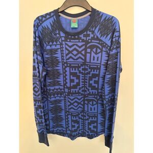 Without Walls Mens Blue Black Geometric Tribal Print Waffle Knit Top Large L-G